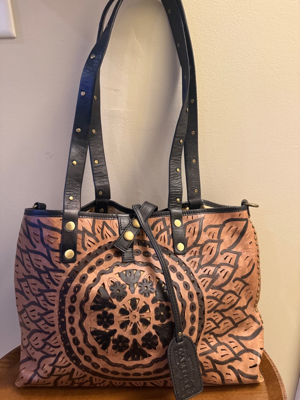 Women's Tan and Black Floral-Print Tote with Studded Straps